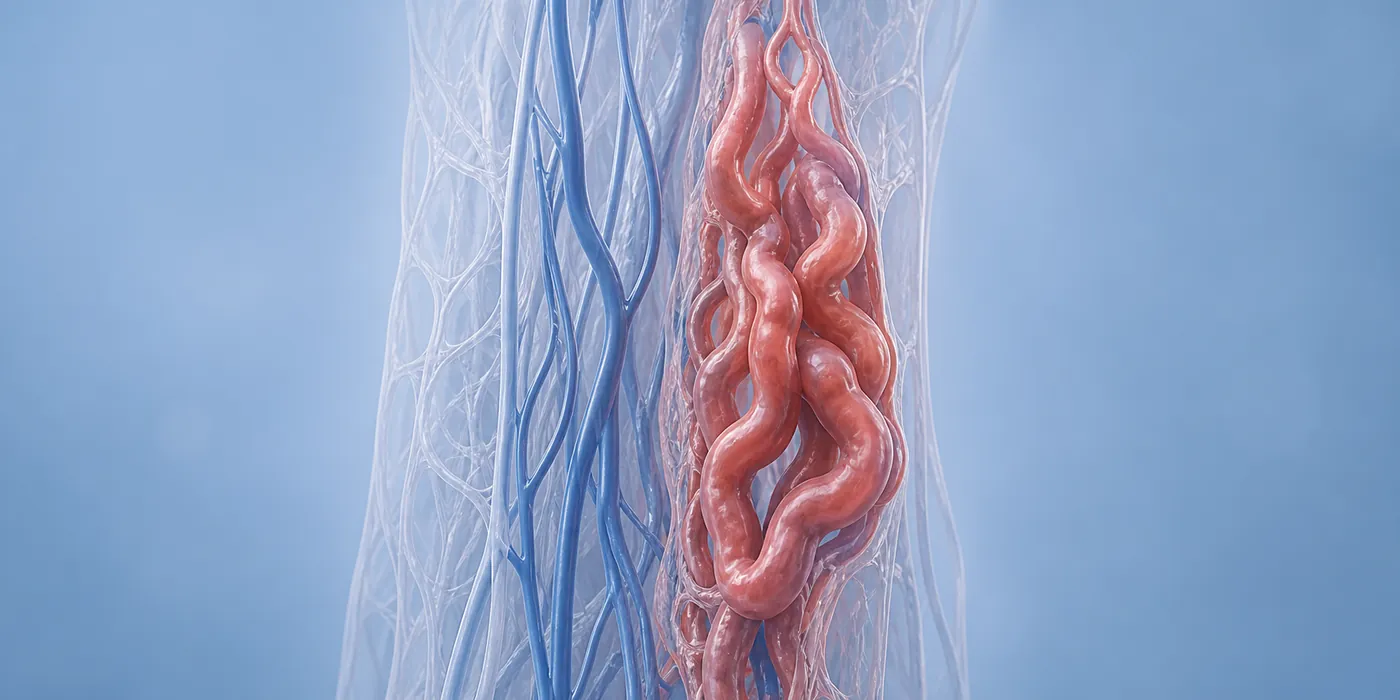 Ilustración médica de venas dilatadas asociadas con el varicocele