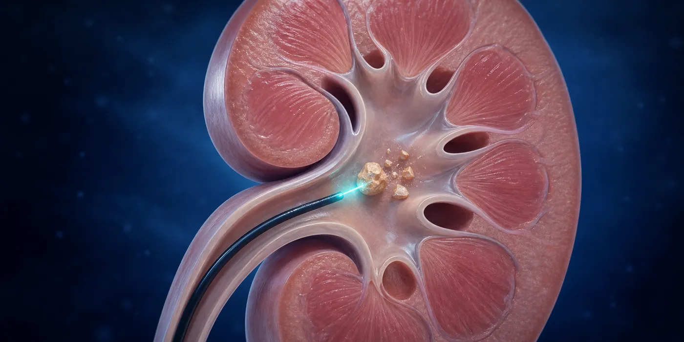 Ilustración médica de un cálculo renal siendo fragmentado con láser