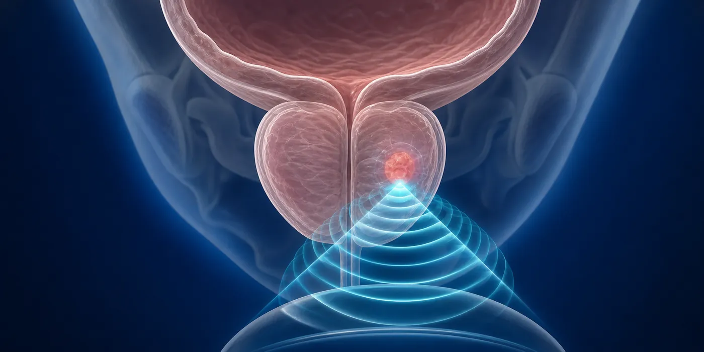 Ilustración médica de ondas HIFU focalizadas sobre una lesión localizada en la próstata