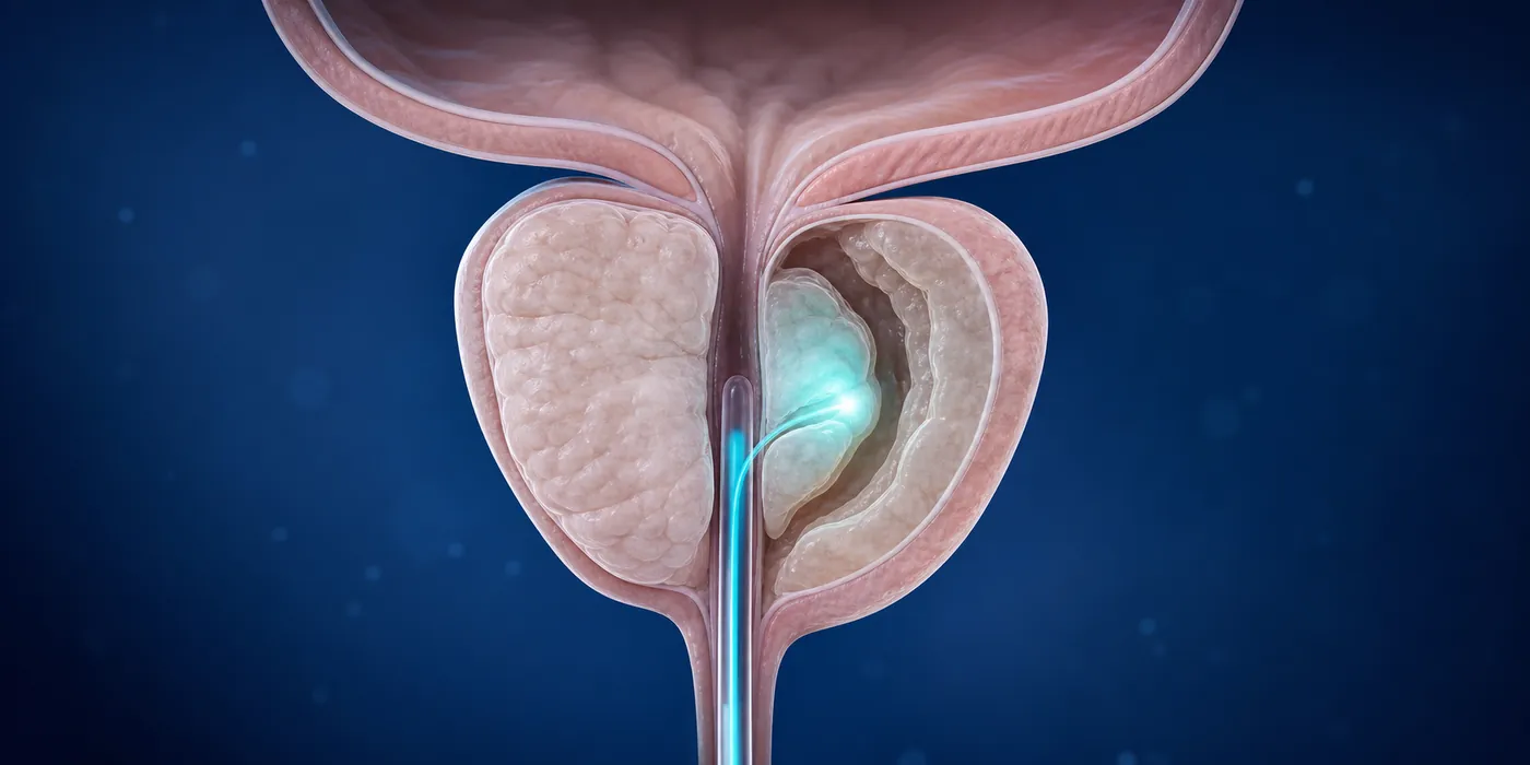 Ilustración médica de urología: próstata y vías urinarias