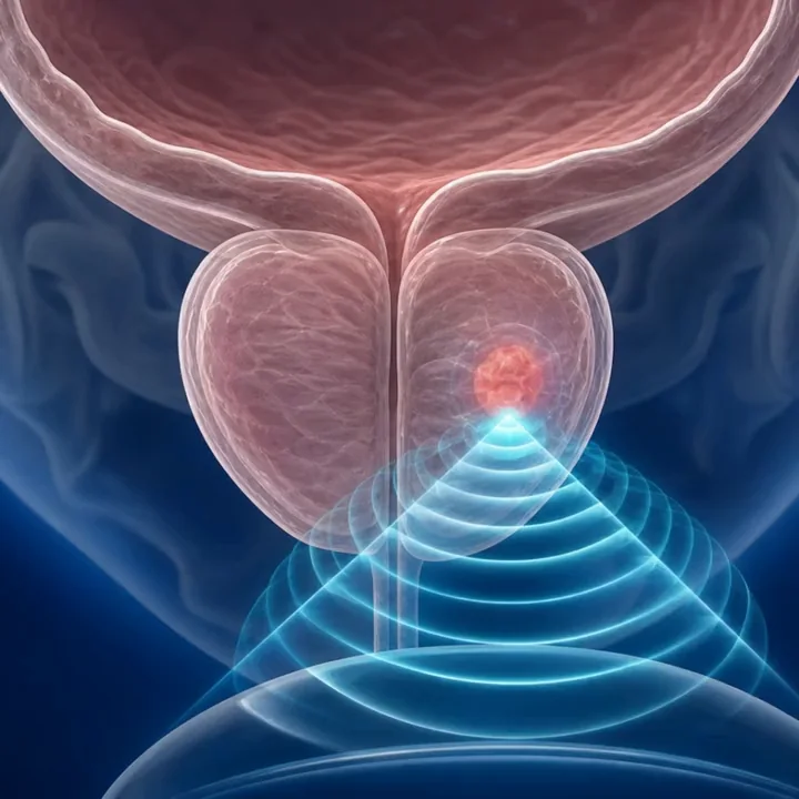 Ilustración médica del tratamiento HIFU para cáncer de próstata