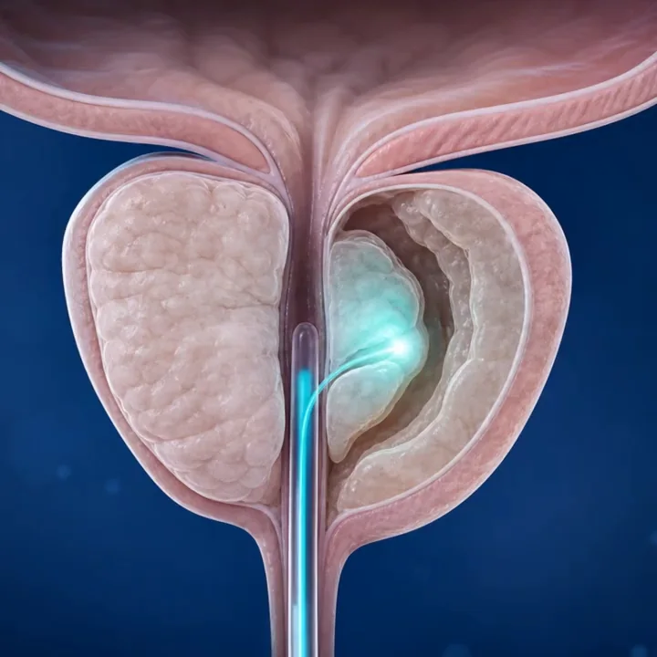 Ilustración médica del tratamiento HoLEP para próstata crecida